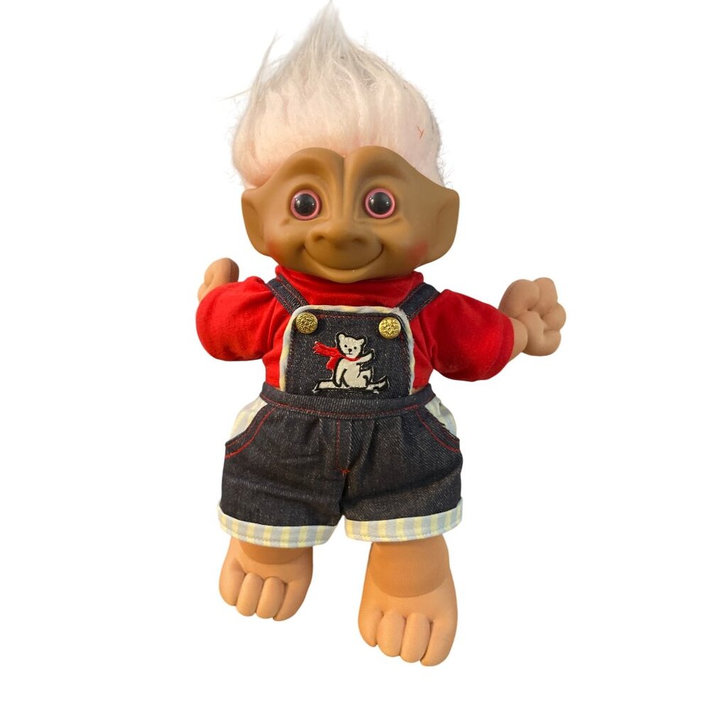 Vintage Treasure Troll Doll With Overalls & Red Shirt